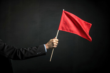 A person in a suit holds a red flag against a dark background, symbolizing caution or warning in various contexts.