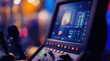 Obraz premium Close-up of a control panel with a touchscreen display in a low-light setting