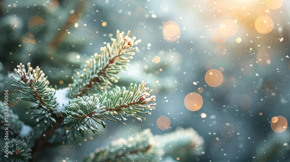 Poster close-up of snow-covered pine branches with a bokeh background of falling snow and sun.