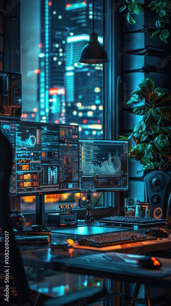 Poster a modern office desk with two monitors displaying data and graphs, set against a backdrop of a city 