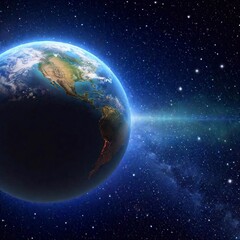 Obraz premium A high-resolution ultra-realistic digital artwork capturing the breathtaking sight of a cosmic sunrise viewed from space. The image features the curvature of a planet bathed in deep blues and blacks, 