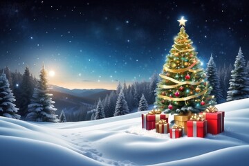 empty christmas table background with christmas tree out of focus for product display montage