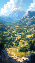 Fototapeta premium Illustration - Serene Valley Village Landscape, Mountains, Sky, Trees, Path