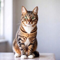 Obraz premium A high-resolution ultrarealistic image of a charming domestic cat. This digital photograph captures the cat in exquisite detail, seated upright against a stark white background. The feline's fur is a 
