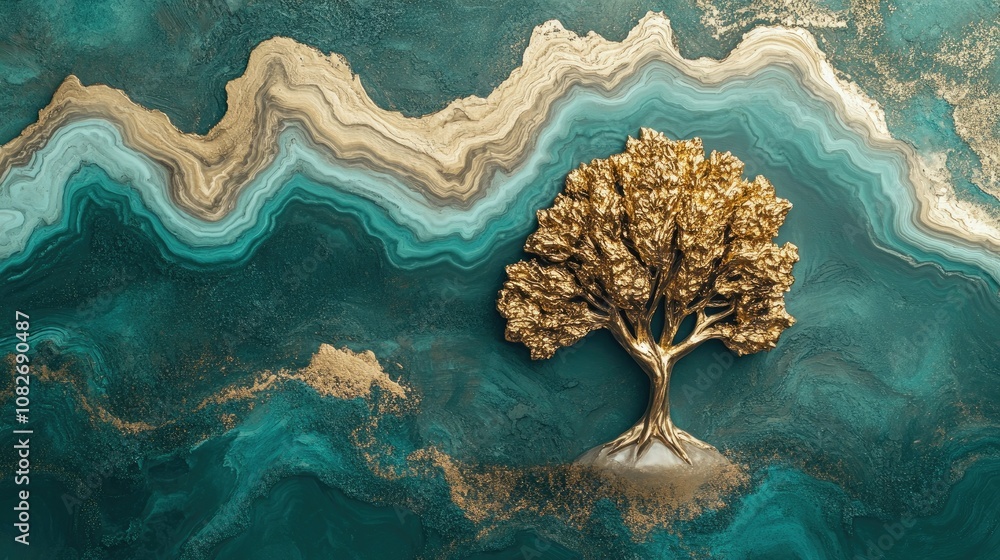 Poster golden tree on abstract teal and gold background with wavy patterns and texture, capturing elegance 