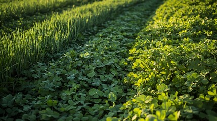 A close-up of cover crops on a no-till farm, protecting the soil and enhancing fertility 
