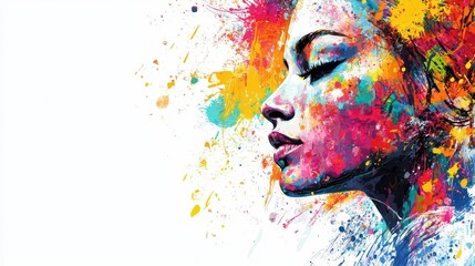 colorful abstract illustration of a woman's head in a paint splatter style, conveying themes of mental health and mindfulness, set against a clean white background with copy space