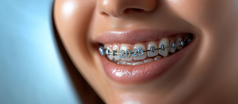 Dentist Merry Christmas And Happy New Year 2025. Close up of teeth with braces. The braces have the numbers 2025.