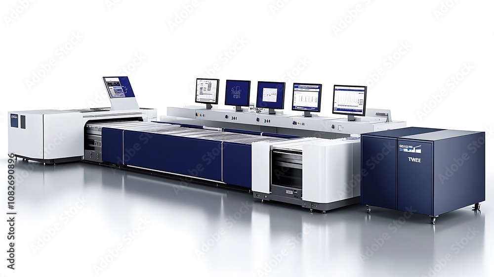Poster a modern printing machine with multiple screens for efficient production.