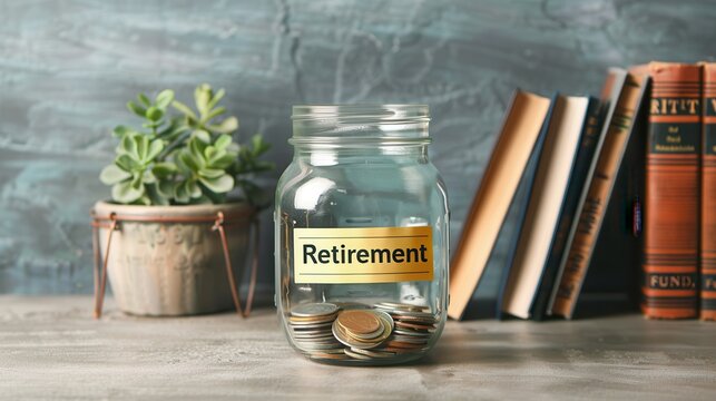 A jar filled with savings labeled "Retirement Fund," sitting next to financial literacy books