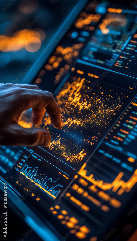Aufkleber digital interface displaying gold price trends with data analysis, showcasing hand interacting with 