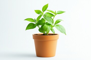 Fototapeta premium Small potted plant with green leaves in clay pot