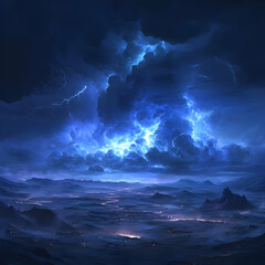 Fototapeta premium Illustration of Lightning Storm over Dark Mountains