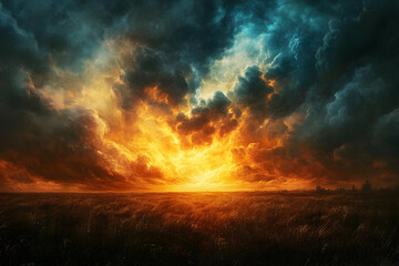 Fototapeta premium Illustration - Blazing Sunset over Golden Fields