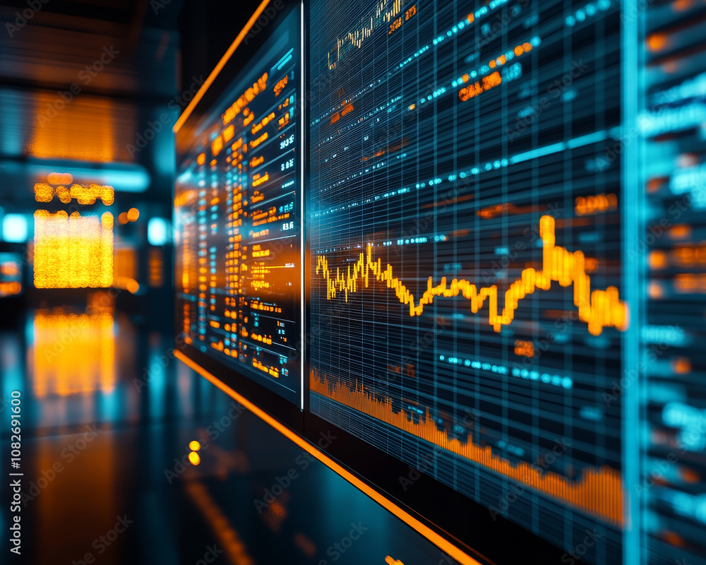 Poster digital screen in modern trading room displays financial data with vibrant orange graphs and charts,
