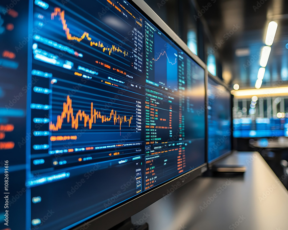 Aufkleber digital screen in modern trading room displaying stock market data, featuring graphs and charts with