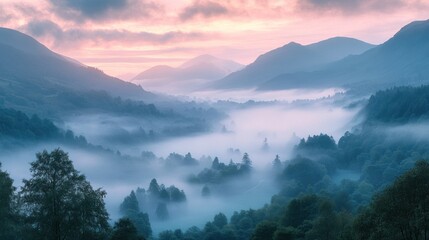 Obraz premium A breathtaking view of a valley shrouded in mist at sunrise.