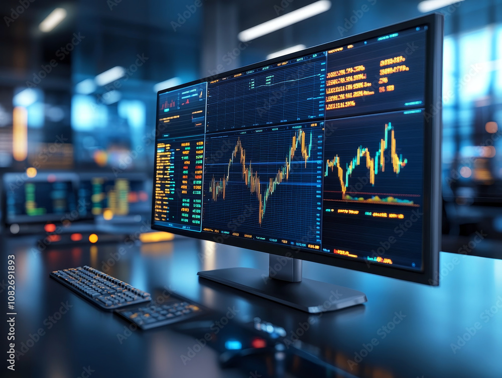 Poster digital screen displaying colorful graphs and alerts for financial data, showcasing market trends an
