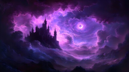 Illustration - Purple Moon Castle Clouds Fantasy