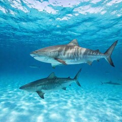 Fototapeta premium underwater view of a shark with the blue sea water, maldives