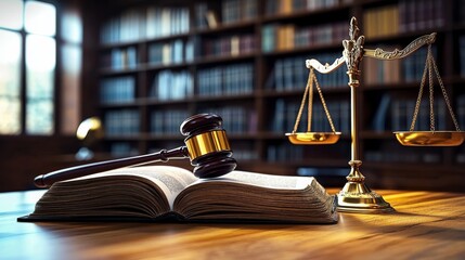 Wooden table open book gavel it is resting Law, legal judgement, legistration