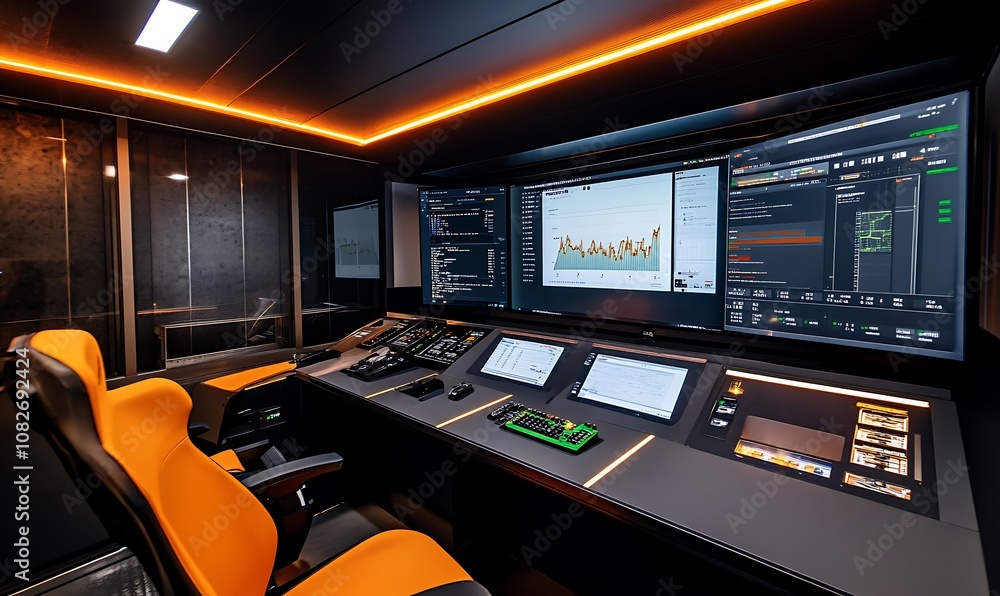 Poster modern control room with advanced screens and ergonomic seating for monitoring systems.