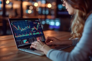 A woman smiles while analyzing stock market data on her laptop, focusing on financial literacy and trends that inform retirement planning in a softly lit workspace.