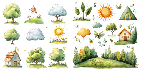 Colorful Watercolor Nature Illustrations on Transparent Background