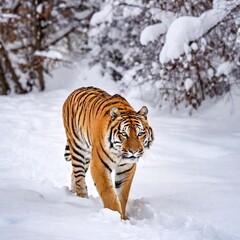 Fototapeta premium tiger walking gracefully through the snow, with its orange and black stripes starkly contrasting against the white landscape, as the distant snowy trees fade softly into the background