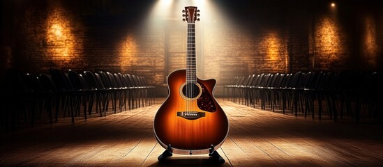 Acoustic guitar stand dimly lit room brick walls playing