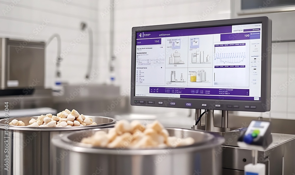 Poster a laboratory setup with bowls of samples and a digital monitor displaying data analysis.