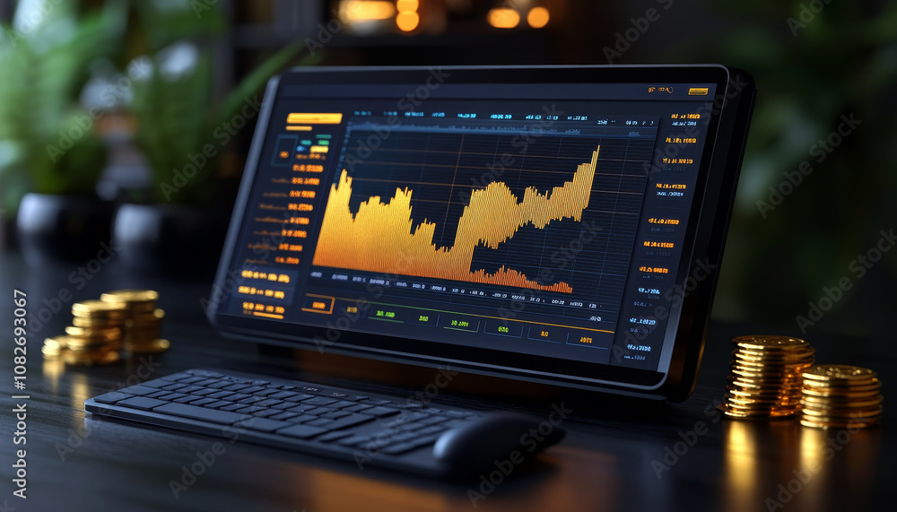 Poster digital dashboard displaying gold price trends with keyboard nearby, showcasing financial data and i