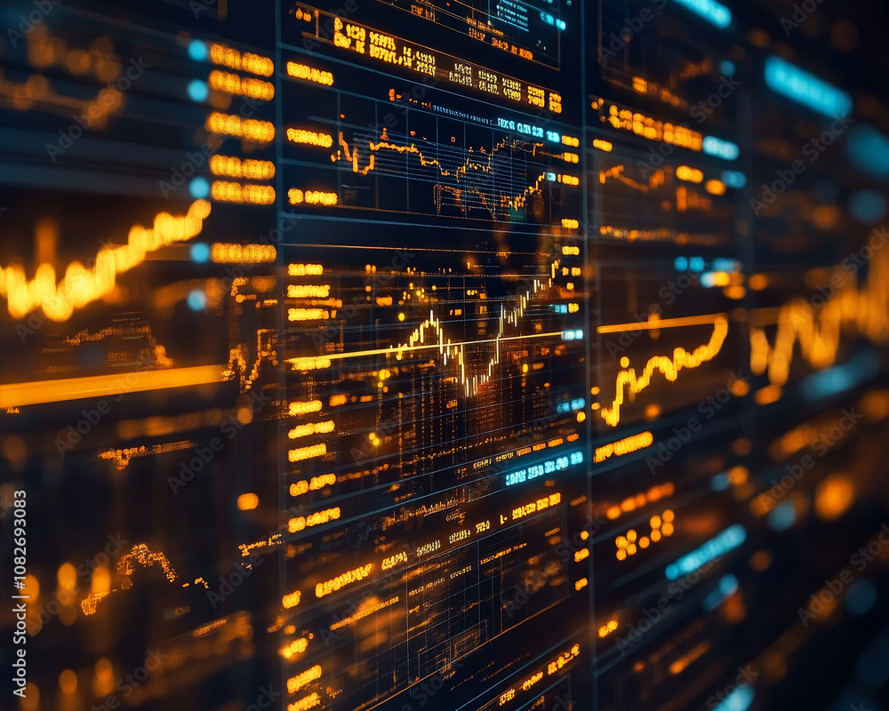 Poster Digital dashboard displaying gold price fluctuations with graphs and data visualizations, showcasing market trends and analytics in vibrant, high tech environment