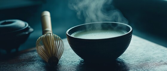 A steaming bowl of matcha sits on a table, surrounded by tranquil shadows and highlighted by the soft morning light, exuding warmth and calmness.