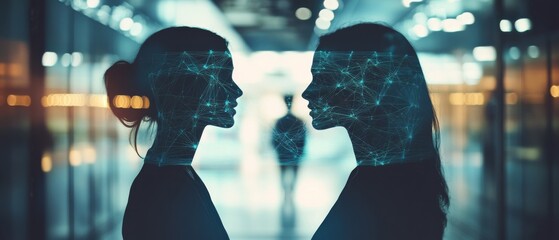 Two silhouetted profiles face each other in a digital web of connections, embodying the fusion of human interaction and technology in a futuristic setting.