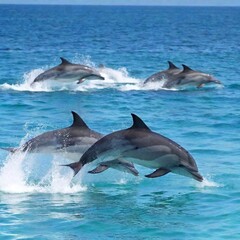 Fototapeta premium A full shot of a pod of dolphins leaping through the water, with rack focus shifting from the closest dolphins in the pod to the more distant, blurred forms of the pod in the background
