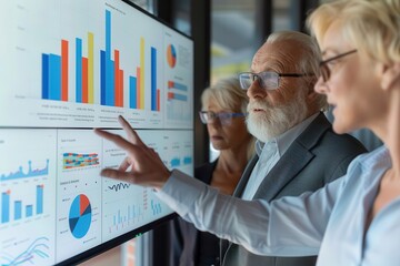 A group of professionals reviews data visualizations on a screen, smiling as they discuss trends and insights focused on financial literacy and retirement planning in a modern office environment.