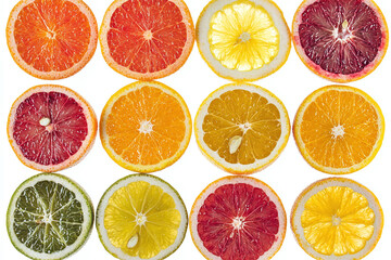 Obraz premium Citrus fruits cut into slices and arranged in a geometric layout on a white background.