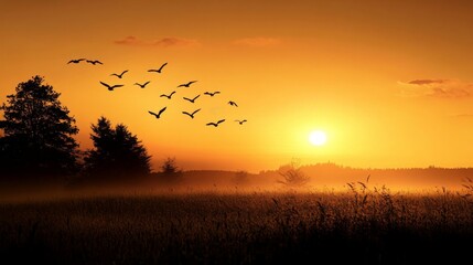 Beautiful landscape sunrise sunset sky filled orange yellow Silhouette cross and birds