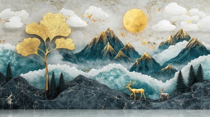Obraz premium Serene Mountain Landscape with Golden Accents, Majestic Deer, and Lush Forests Under a Bright Golden Sun in Scenic Nature Environment