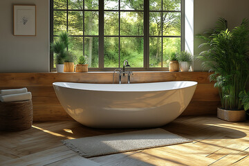 Fototapeta premium salle de bain, douche, baignoire, vasque, cocooning, intérieur 3D réaliste, HDR, photographie immobilière, décoration, tendance, architecte, design, mode, élégant, fonctionnel, chaleureux