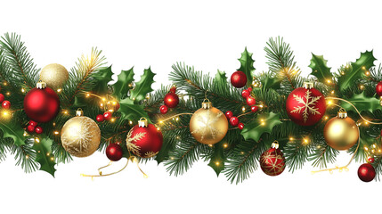 Festive red and gold glass baubles adorn a lush green fir tree branch for a joyous Christmas celebration isolated on transparent background.