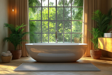 Fototapeta premium salle de bain, douche, baignoire, vasque, cocooning, intérieur 3D réaliste, HDR, photographie immobilière, décoration, tendance, architecte, design, mode, élégant, fonctionnel, chaleureux