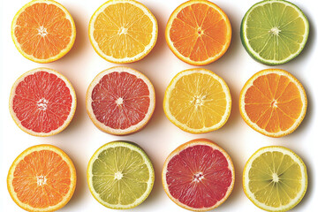 Fototapeta premium Citrus fruits cut into slices and arranged in a geometric layout on a white background.