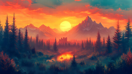 Illustration - Sunset over Castle, Mountains, and River