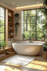 Fototapeta premium salle de bain, douche, baignoire, vasque, cocooning, intérieur 3D réaliste, HDR, photographie immobilière, décoration, tendance, architecte, design, mode, élégant, fonctionnel, chaleureux