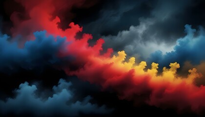 fondo con nubes de humo en colores vibrantes como rojo, amarillo y azul, que se entrelazan y se funden. Este diseño genera un efecto de energía y movimiento