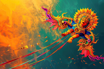 Beautiful greeting card with colorful kites soaring high above vibrant sky to holiday composition