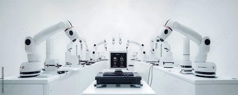 Poster a futuristic workspace featuring robotic arms and advanced machinery for automation.