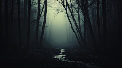 Dark eerie scene foggy forest trees either side Spooky misty